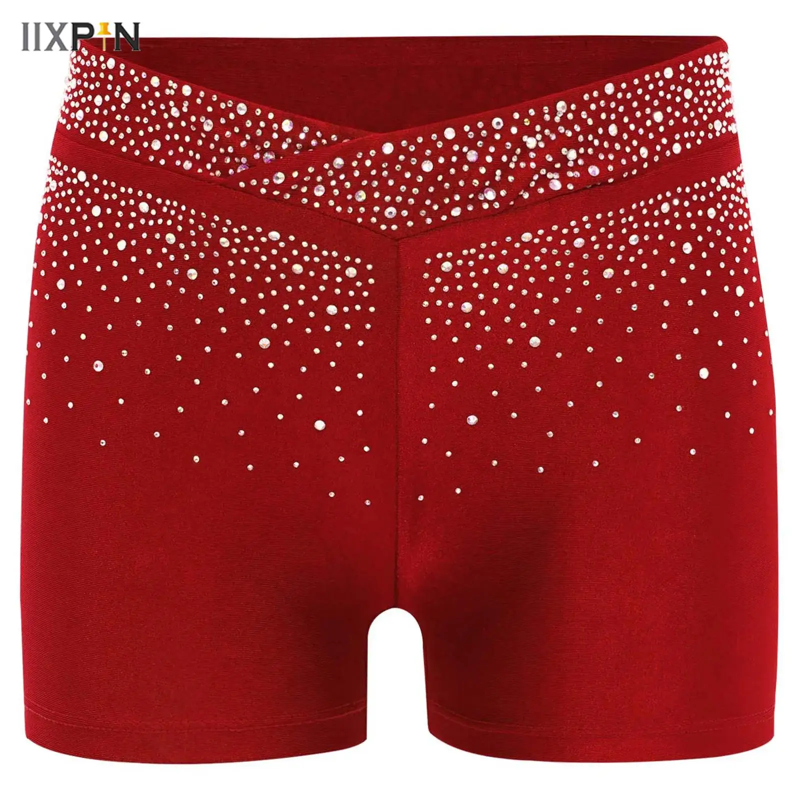 

Kids Girls Sparkling Rhinestones V-Front Elastic Waistband Shorts for Figure Skating Dance Gymnastics Acrobatics Performance