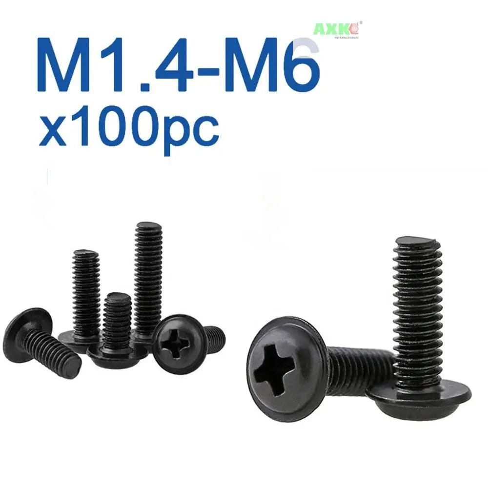 100pcs/lot PWM Black Pan Head Screws  with Washer M1.4 M2 M2.5 M3 M 3.5 M4 M5 M6 Fixed Motherboard Screws With Pad DIN967