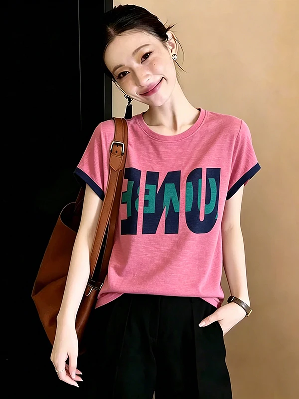 

Summer New plus Size round Neck Short Sleeve T-Shirt Women's Fashion Loose Fit Slimming Top Korean Style Casual Wear