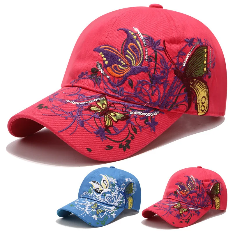 Sequins embroidered baseball cap butterfly embroidered duck tongue lip print tide hat women\'s hat wholesale sunscreen hat gorras