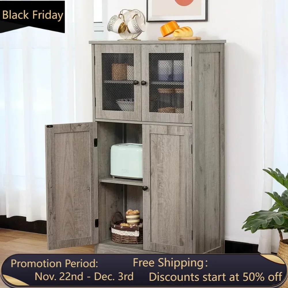 Storage Cabinet with 4 Doors, Floor Storage Cabinet with 2 Shelves, Storage Cabinet with Adjustable Shelf, for Living Room