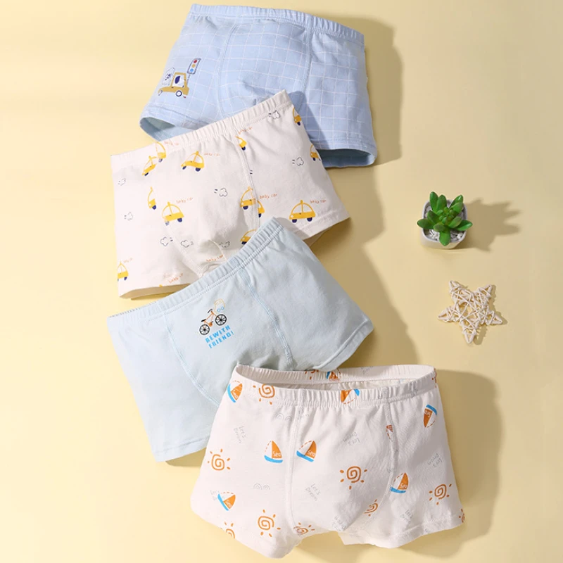 

4PCS Kid Cotton Soft Antibacterial Panties for Boy Thin Soft Breathable Knickers 3+y Young Children Underwears Cute Print Briefs