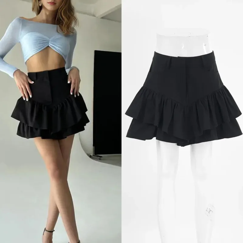 

Ruffles Slim High Waist Shorts Skirts Women Black Temperament Splice Casual Street Elegant Skirt Ladies Fashion Folded Design