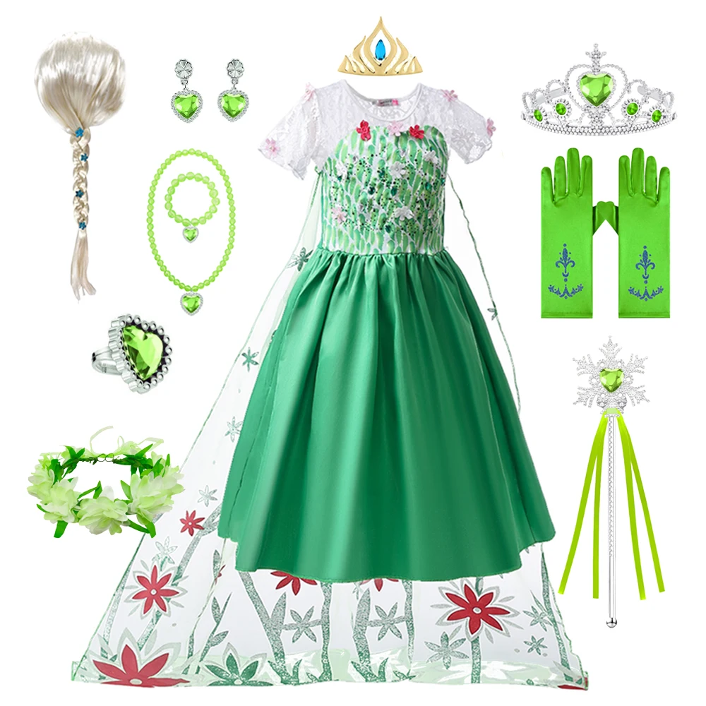 Green Elsa Dress for Kids Girl Princess Costume Dresses Children Long Cloak Floral Lace Ball Gown Summer
