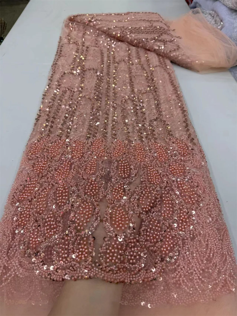 

Luxurious Peach Nigerian Handmade Beaded French Lace 2024 High Quality Sequins Embroidery African Net Lace Fabric Dress Wp658-1
