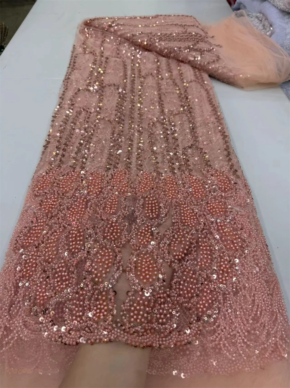 Luxurious Peach Nigerian Handmade Beaded French Lace 2024 High Quality Sequins Embroidery African Net Lace Fabric Dress Wp658-1