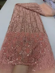 Luxurious Peach Nigerian Handmade Beaded French Lace 2024 High Quality Sequins Embroidery African Net Lace Fabric Dress Wp658-1