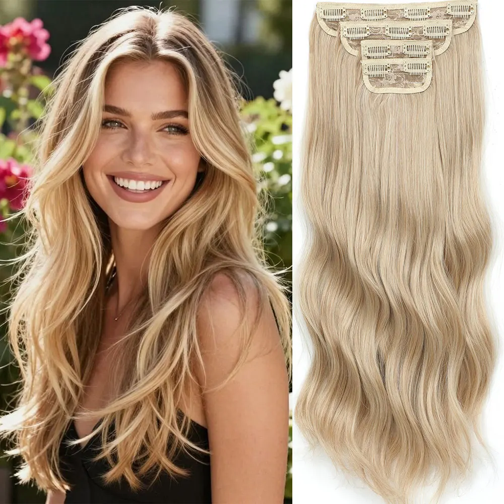 Summer Blonde Granny Silver 22 Inch 4Pcs/Set 11 Clips 220g Wavy Clip In Hair Extensions Heat Resistant Synthetic Hairpiece Women