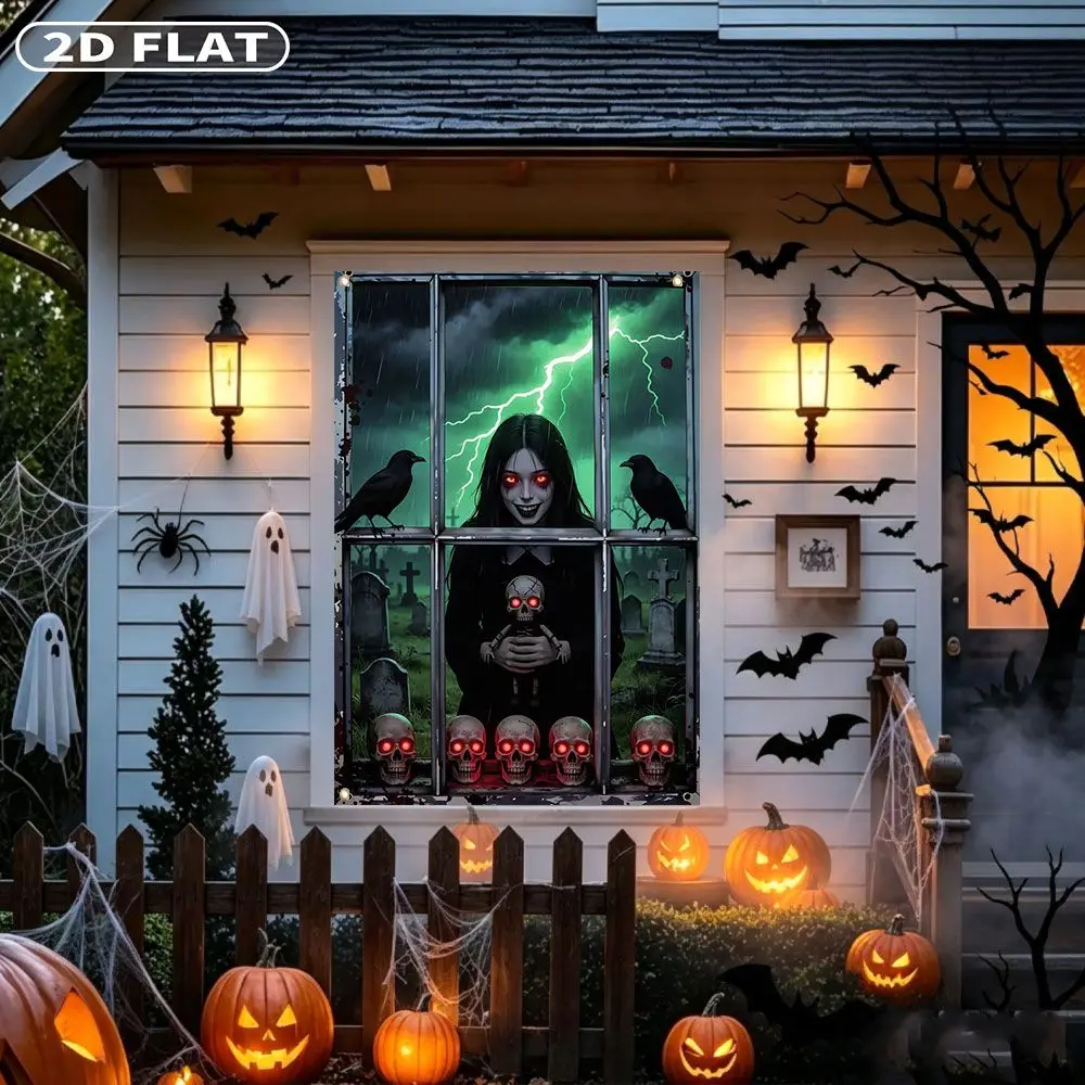 2D FLAT 1pc Party Banner, Halloween Window Cover with Gothic Girl With Glowing Skulls And Crows,122x88cm, Polyester, 4 grommets