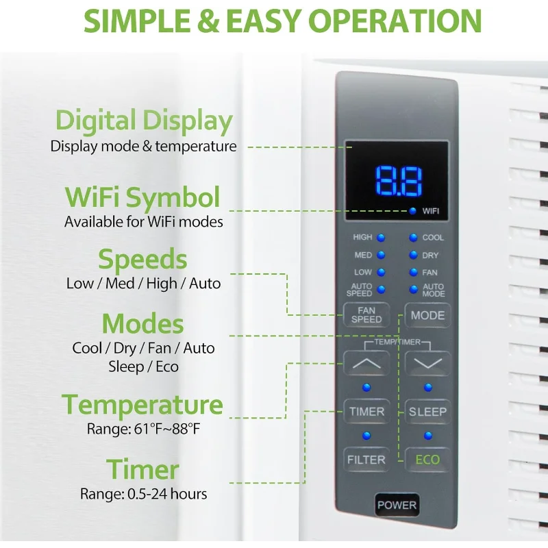 Condicionador de ar de janela habilitado para WiFi de 6,000 BTU, unidade CA de janela inteligente com controle remoto, economia de energia, kit de fácil instalação