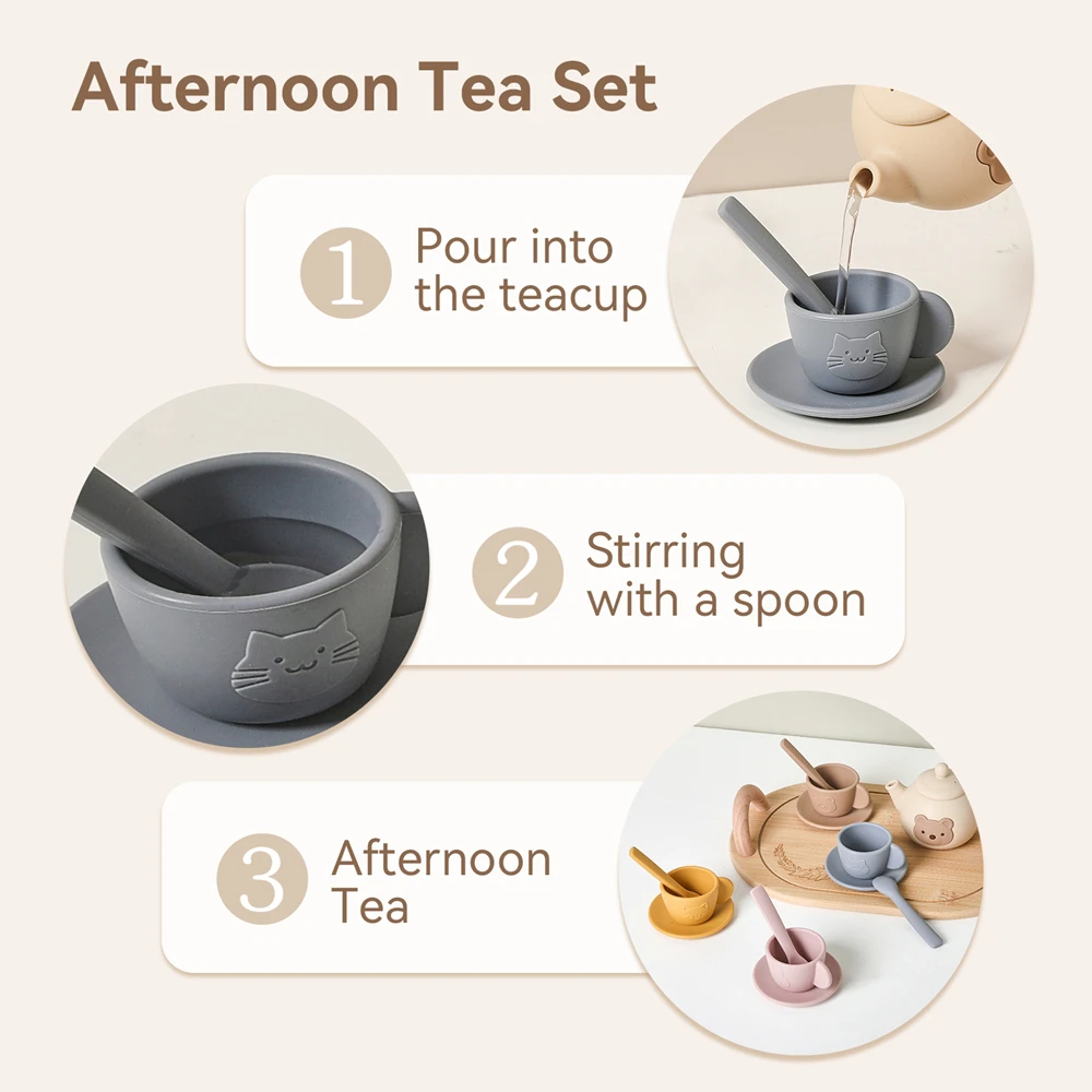 Bear Afternoon Tea Pretend Play Set Silicone Teapot Cups Wooden Tray Leak Proof Tea Social Skills Imagination Toys for Kids view 4
