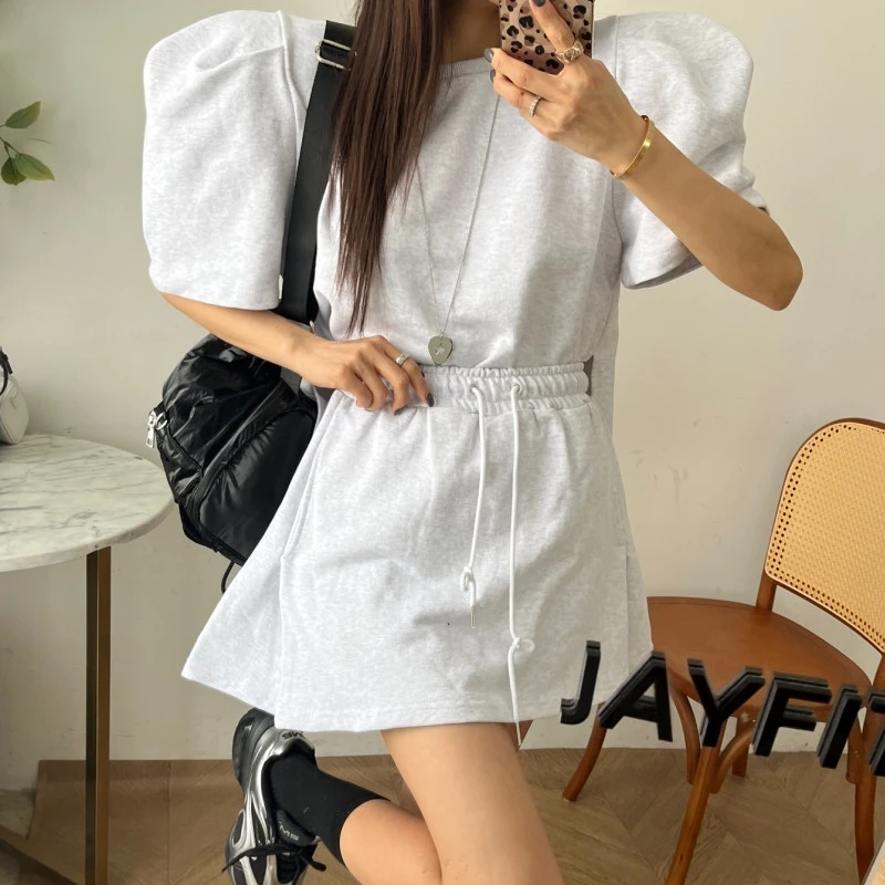 Été Chic Vintage Simple fente latérale bulle Sve haut taille haute Anti-lumière a-ligne Jupe Ensemble femmes Faion Ensemble