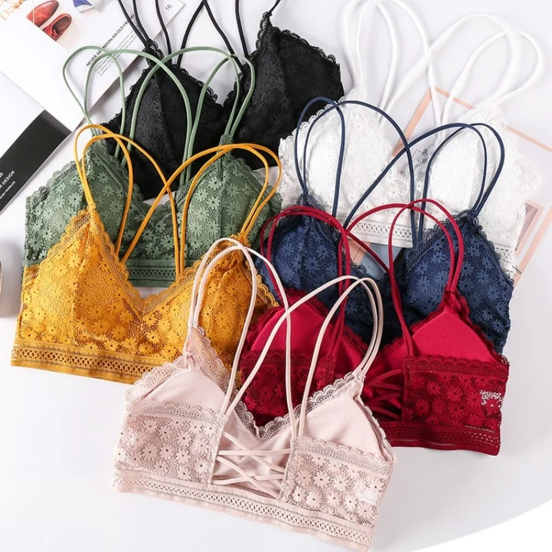 Bralette de encaje inalámbrico para mujer, lencería sexy, sujetador acolchado con espalda hermosa, brasier de encaje floral bordado, ropa interior con tirantes cruzados
