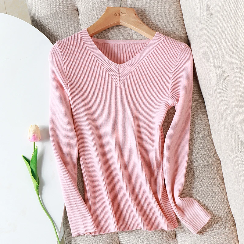 2024 NEW Autumn Winter Sweater Women Chic V-neck Slim Sweater female Knitted Pullovers long sleeve tops warm basic black