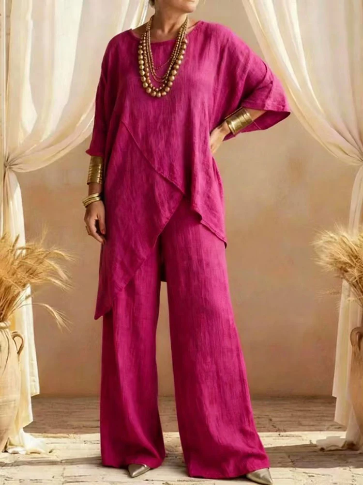 

2026 summer fashion new comfortable two-piece set with cotton and linen sleeves round neck loose casual irregular hem set