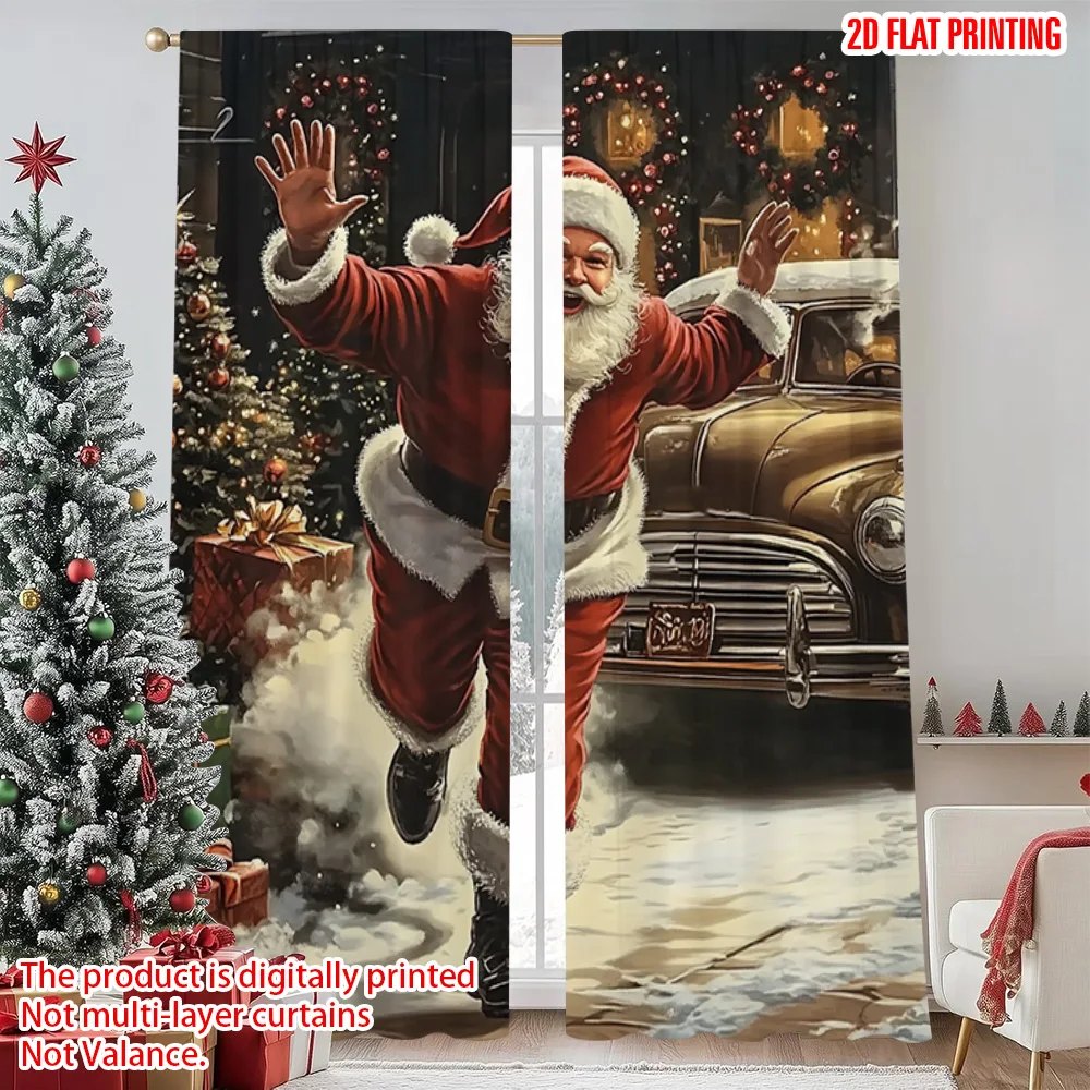 

2pcs 2D flat printing Merry Christmas Window Drapes Santa Claus Car Durable Polyester Without Electricity Festive Curtains Use