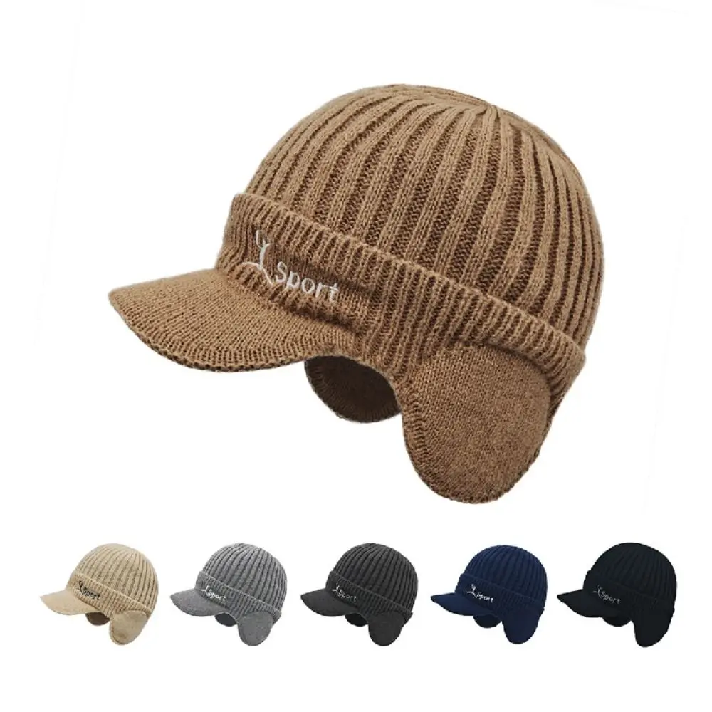 Fashion Solid Color Woollen Ear Protection Cap Coldproof Warm Knitted Benines Hat Earflap Windproof Knitted Baseball Hat Outdoor