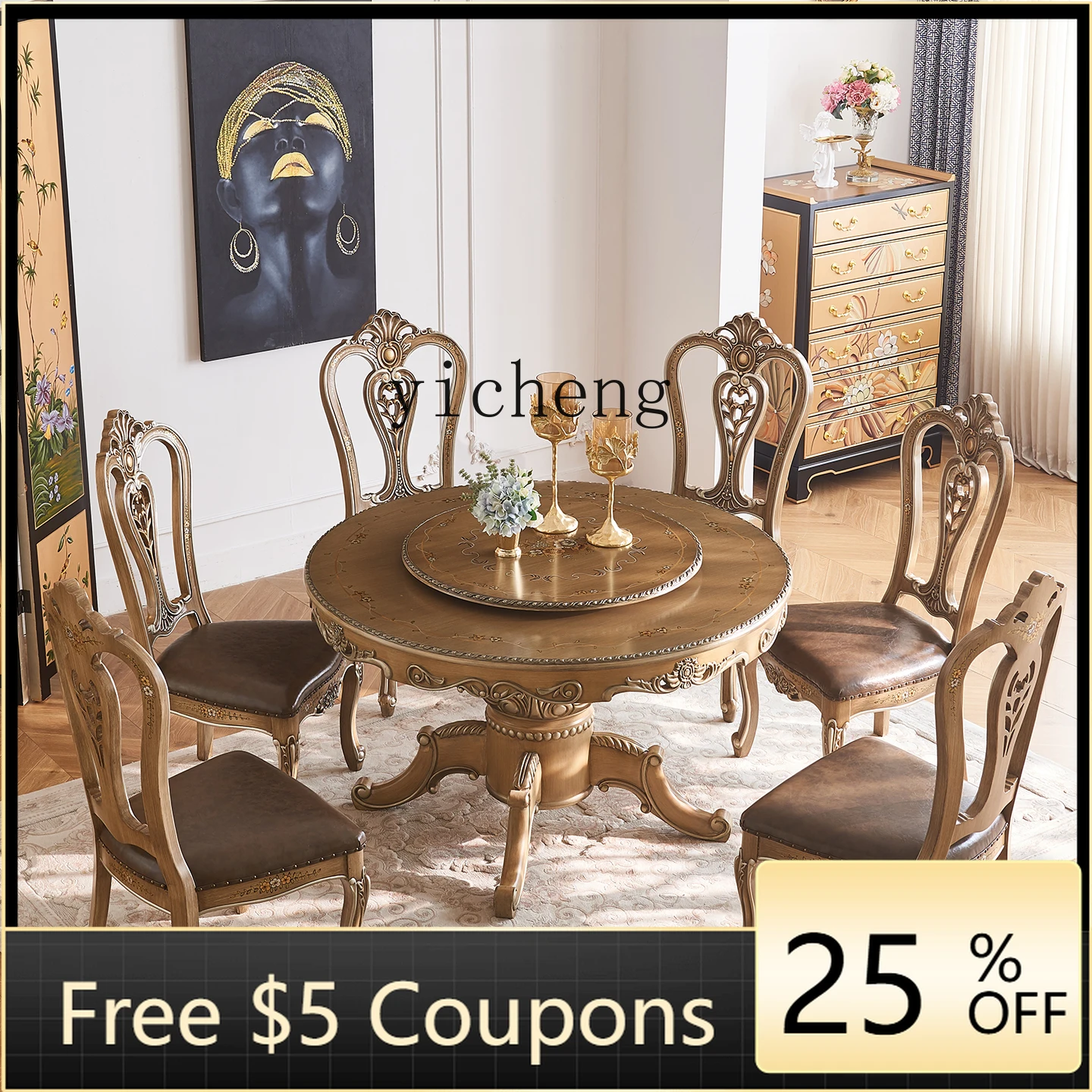 

H26 Retro Large Rose Solid Wood Round Dining Table and Chairs