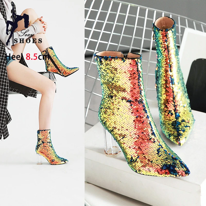 Women Boots Sequined BlingBling Chunk Heel Shoes 2023 Autumn Winter Pointed Crystal High Heels Gold Short Boots Feminim Booties