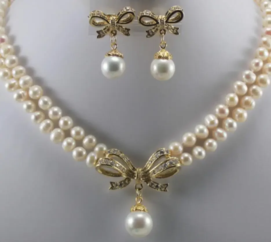 Women's fashion design 2 rows of 6-7mm white natural freshwater pearls + Gold Plated micro inlaid diamond butterfly accessories