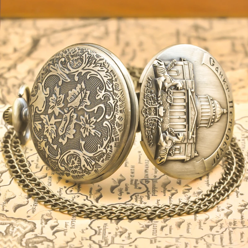 빈티지 청동 Steampunk 상트페테르부르크 조각 된 석영 주머니 시계 목걸이 펜던트 시계 체인 남성 여성 체인 선물