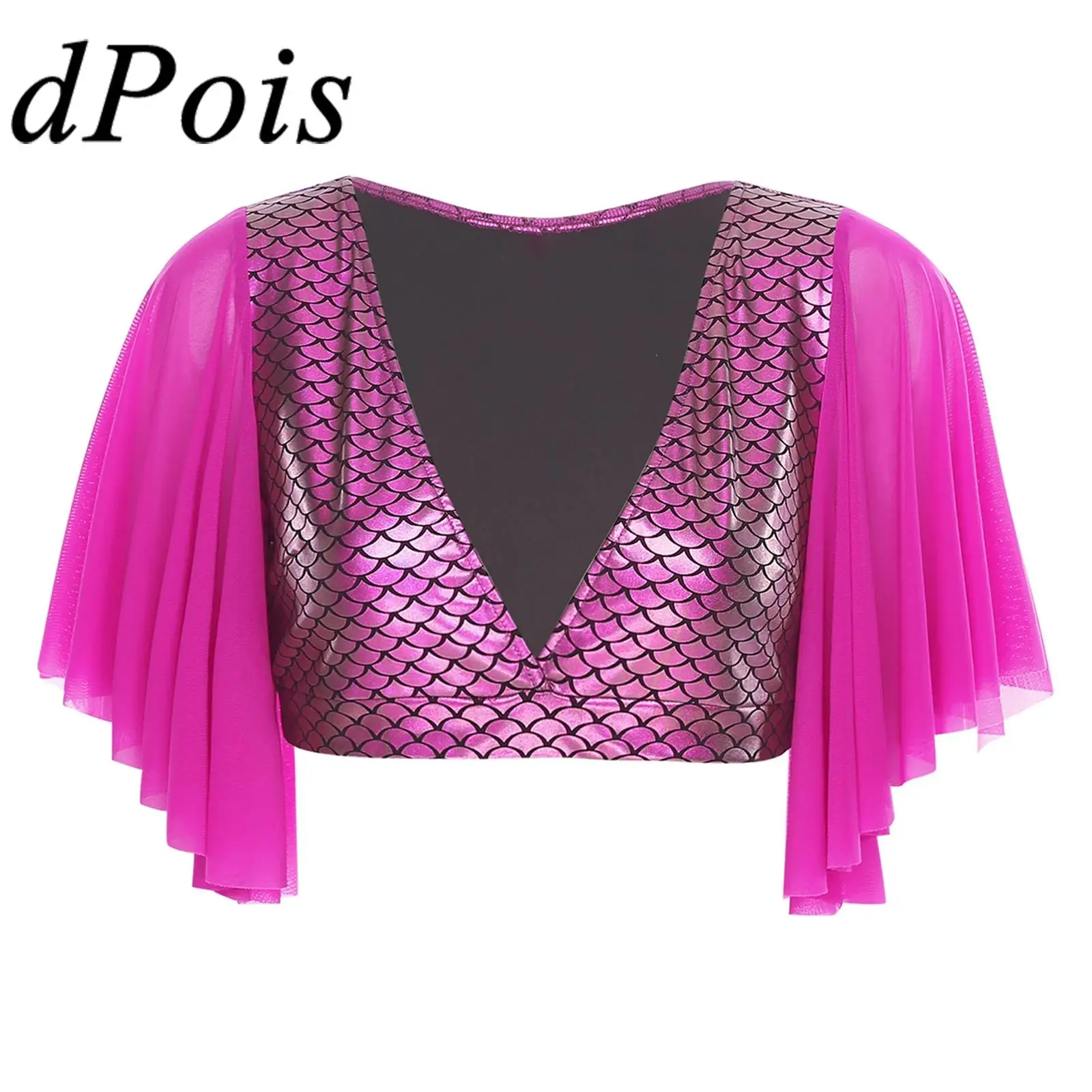 Womens Fishscale Print Crop Tops Mesh Short Sleeve Cropped T-shirt for Mermaid Cosplay Themed Party Water Activities Swimwear