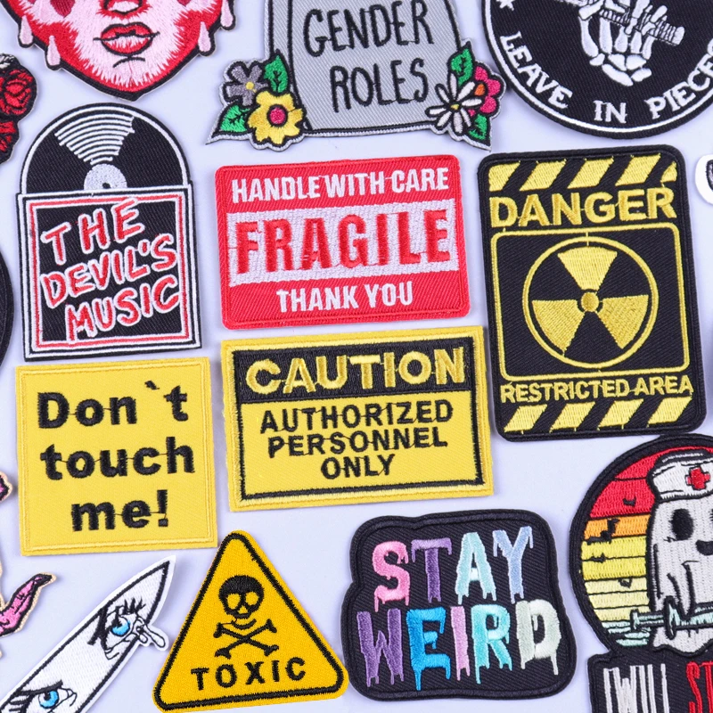 Caution Sign Embroidered Patches for Clothing Thermoadhesive Patches DIY Iron on Patches Punk Fusible Patch Sew Applique Sticker