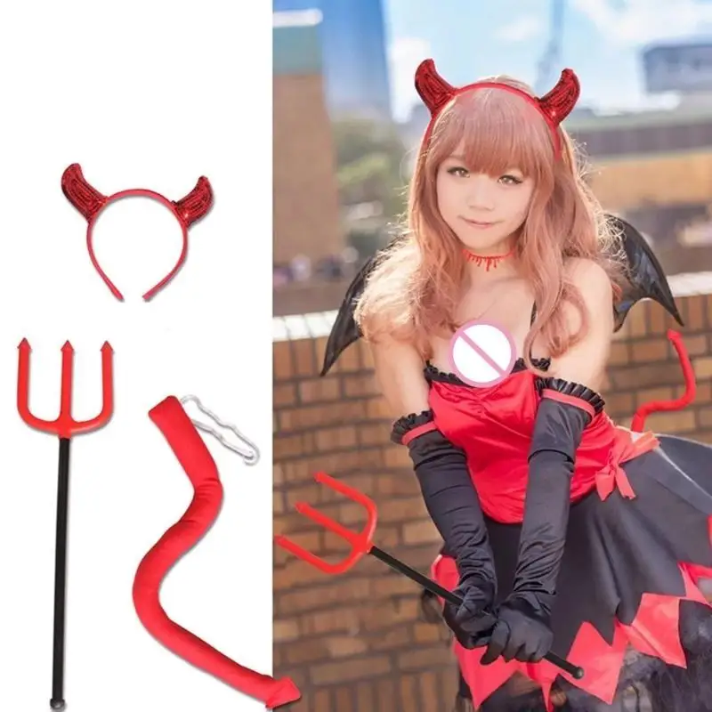 39BD Lovely Devil Horns Tail Hairpin Headband Choker Set for Party Costume for Adult