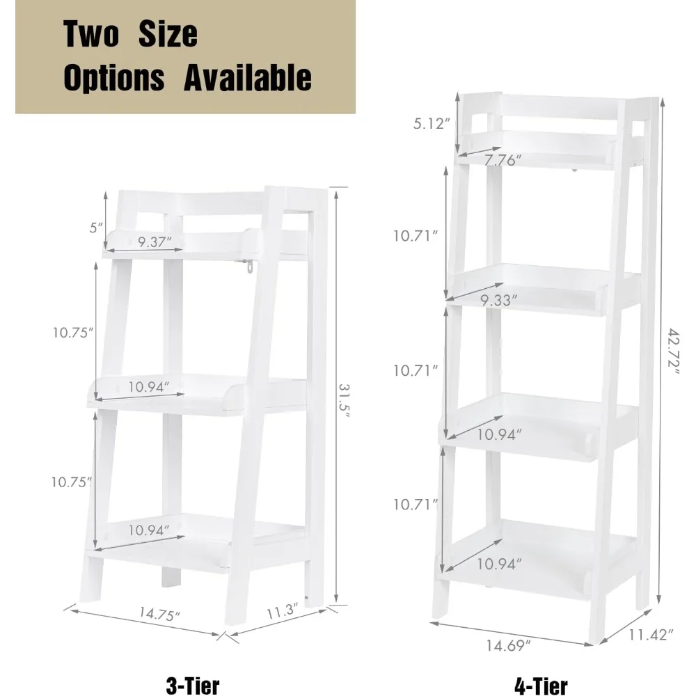 3-Tier Ladder Shelf, Bathroom Shelf Freestanding, 3-Shelf Space Saver Open Wood Shelving Unit, Ladder Shelf (White)