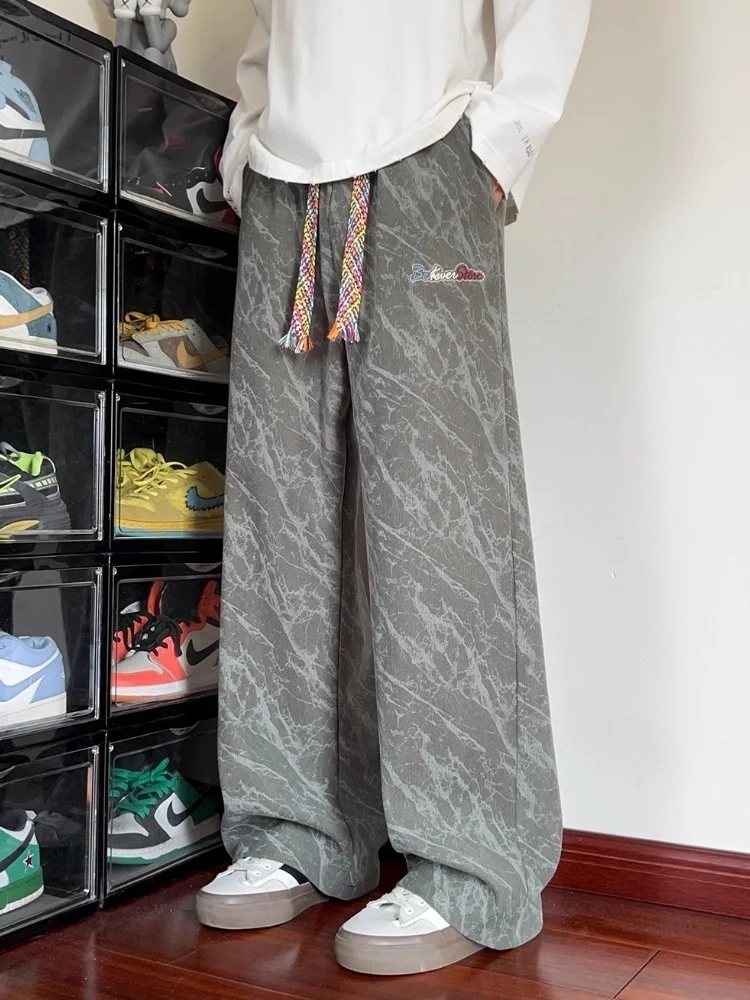 Black Tie Dye Embroidered Casual Pants For Men Casual Loose Straight Leg Trousers High Waist Pantts