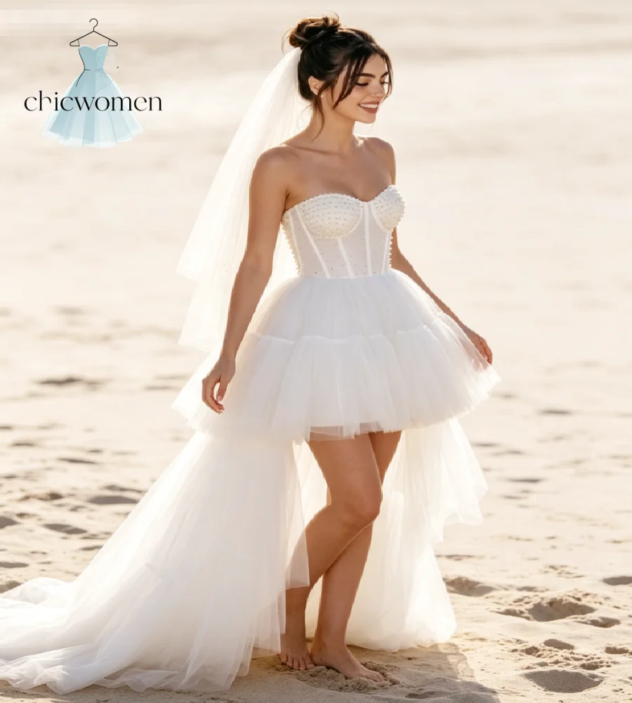 Sexy Hi Low Wedding Dress With Overskirt Train Strapless Pearl Beaded Corset Beach Bride Dresses Elopement Destination Boho Gown