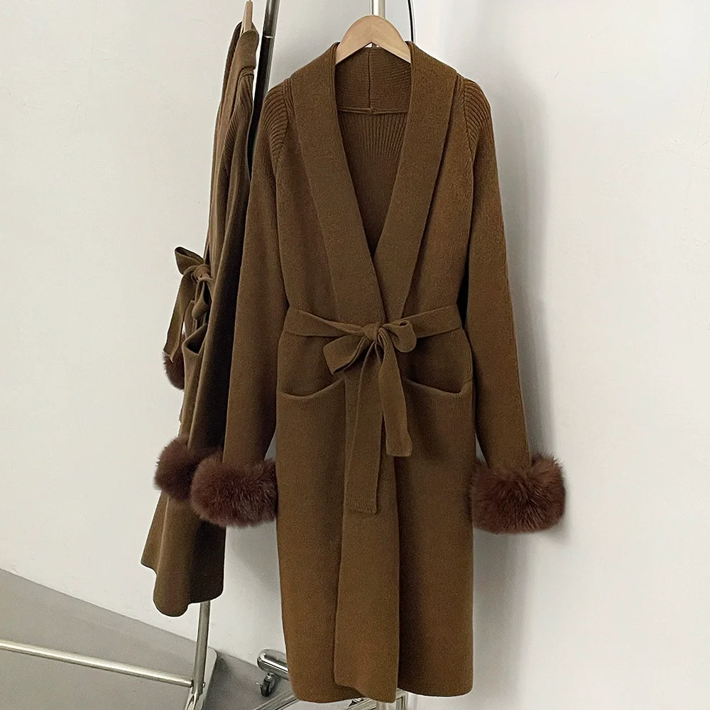 2026 new women elegant lace-up overcoat for autumn and winter long sweater knitted cardigan coat outerwear fox fur cuffs