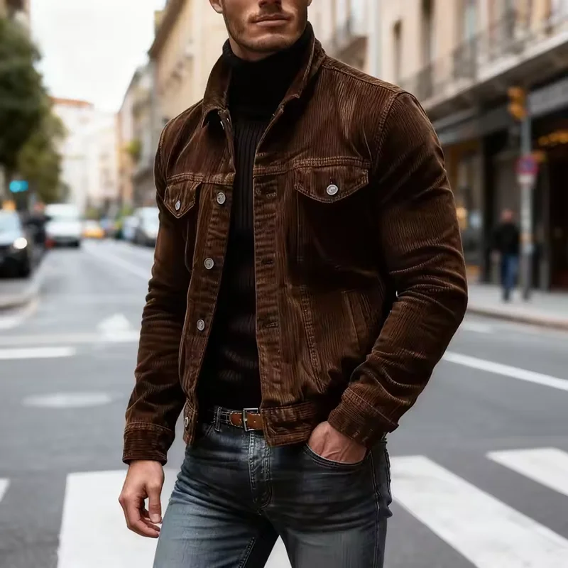 

Vintage Streetwear Jackets Men Casual Workwear Coats Spring Autumn Corduroy Stripe Outerwear Multi-Pocket High Street Solid Coat