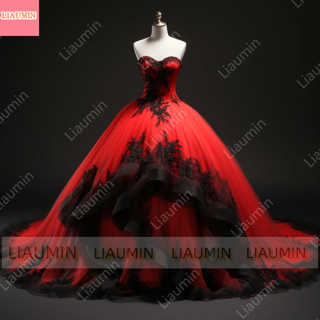 New Red and Black Lace Edge Applique Strapless Ball Gown Mermaid Full Length Evening Dress Formal Occasion Customized W3-2