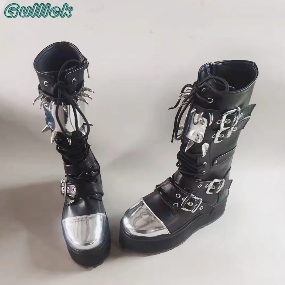 Rivet Metal Decor Black Boots Round Toe Punk Thick Heel Cover Heel Lace Up  Sexy Spring Autumn Women New Trend