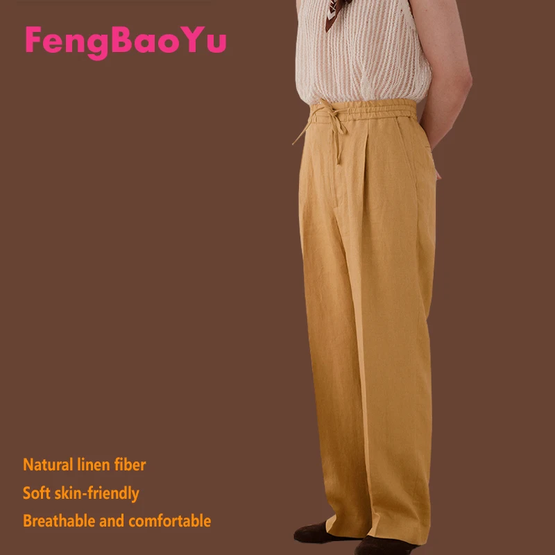 

100% Natural Linen Men's Long Pants with Drawstring Waistband, Straight Fit, Casual Comfortable, Breathable Sweat-absorbent