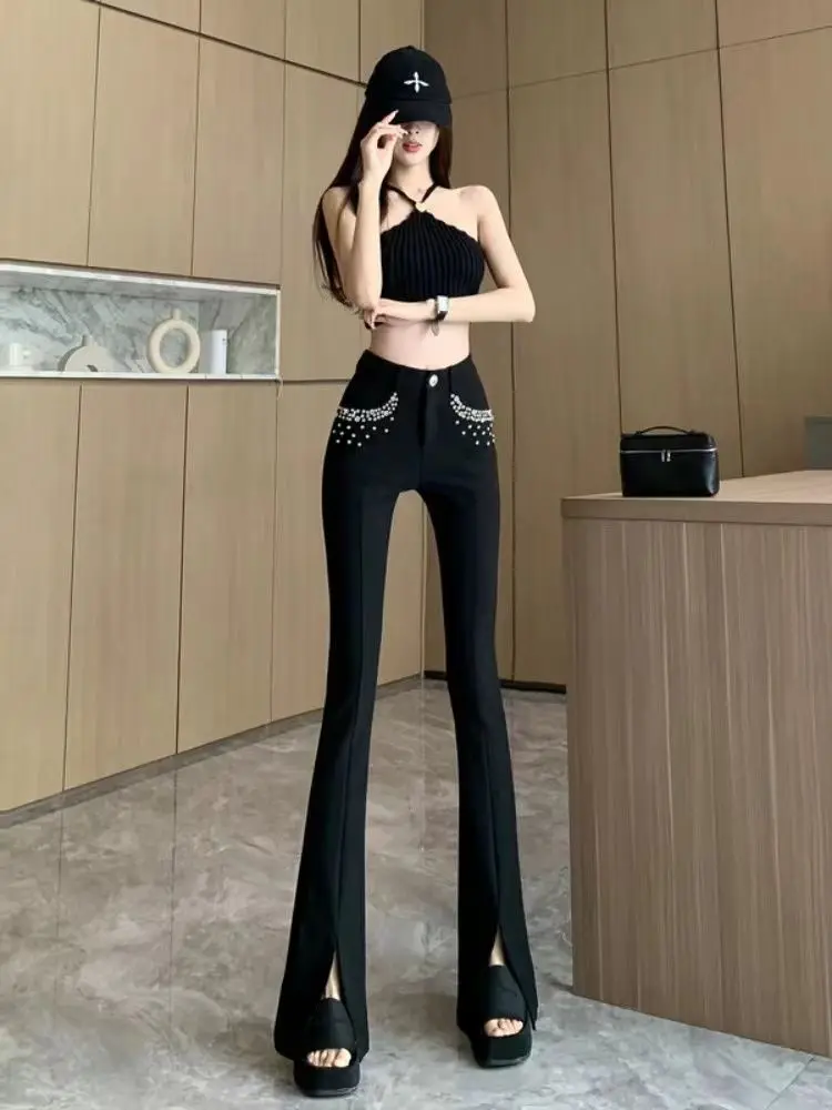 Black studded beaded heavy industry micro-pants women's 2024 early autumn high waist elastic slim split casual pants  jeans