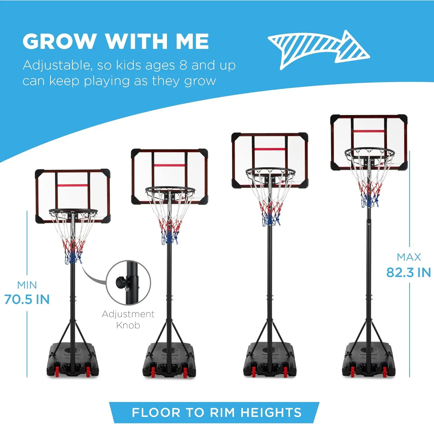 Best Choice Products Kids Height-Adjustable Basketball Hoop System, Portable Game w/ 2 Wheels, Square Backboard, Fillable Base