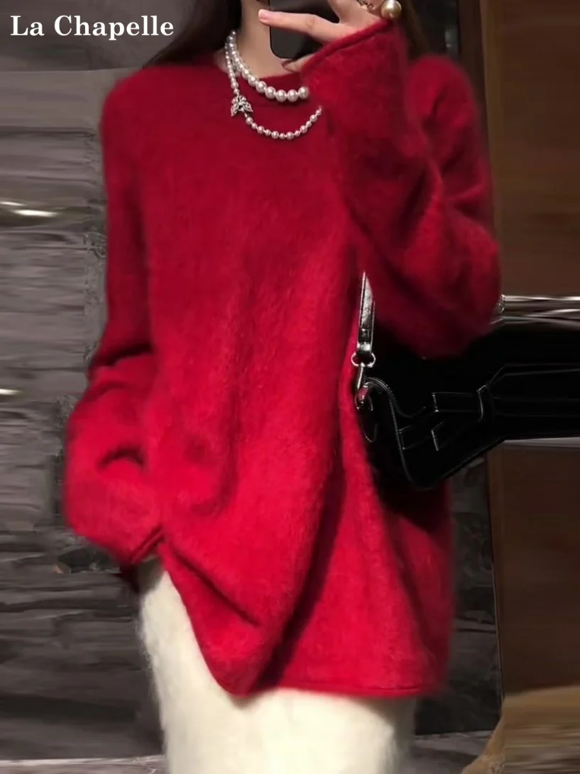 

La Chapelle: Новинка 2026 года – Элегантный свободный плюшевый красный вязаный свитер с эффектом драпировки, с длинными рукавами, из кашемира, для женщин, весна-осень