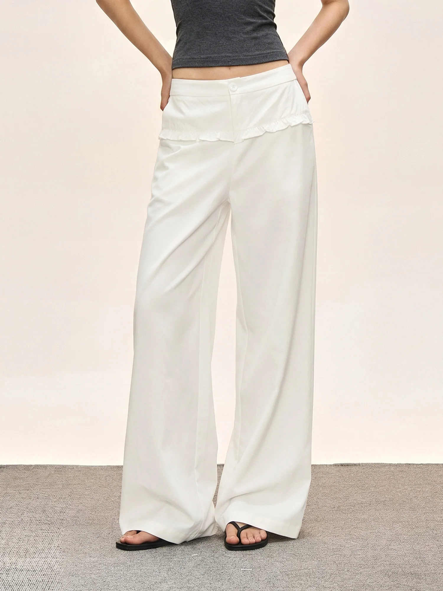 November American Retro Wide Leg Pants Women Summer Ruffle Splicing Design Straight Low Waist Slimming Jeans High Waist Strai...