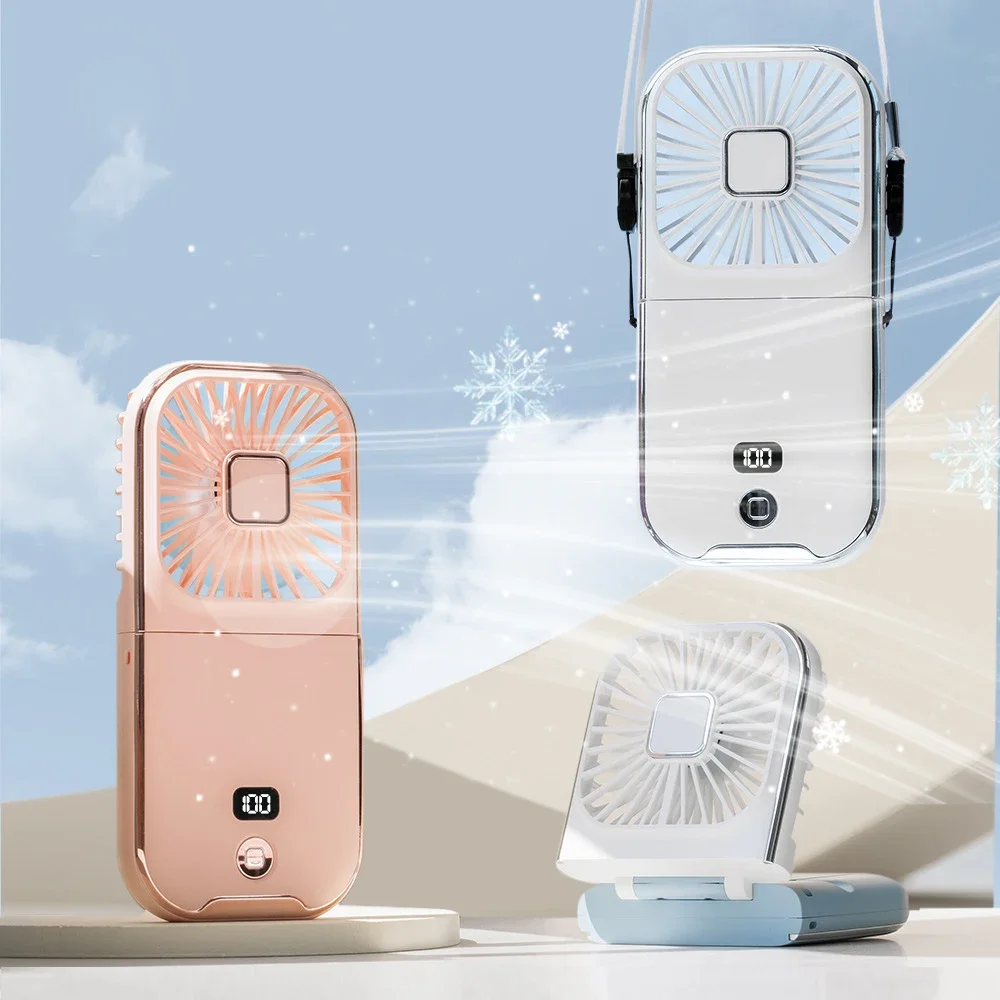 

Handheld digital neck hanging small fan, USB power bank, mini portable desktop folding small electric fan