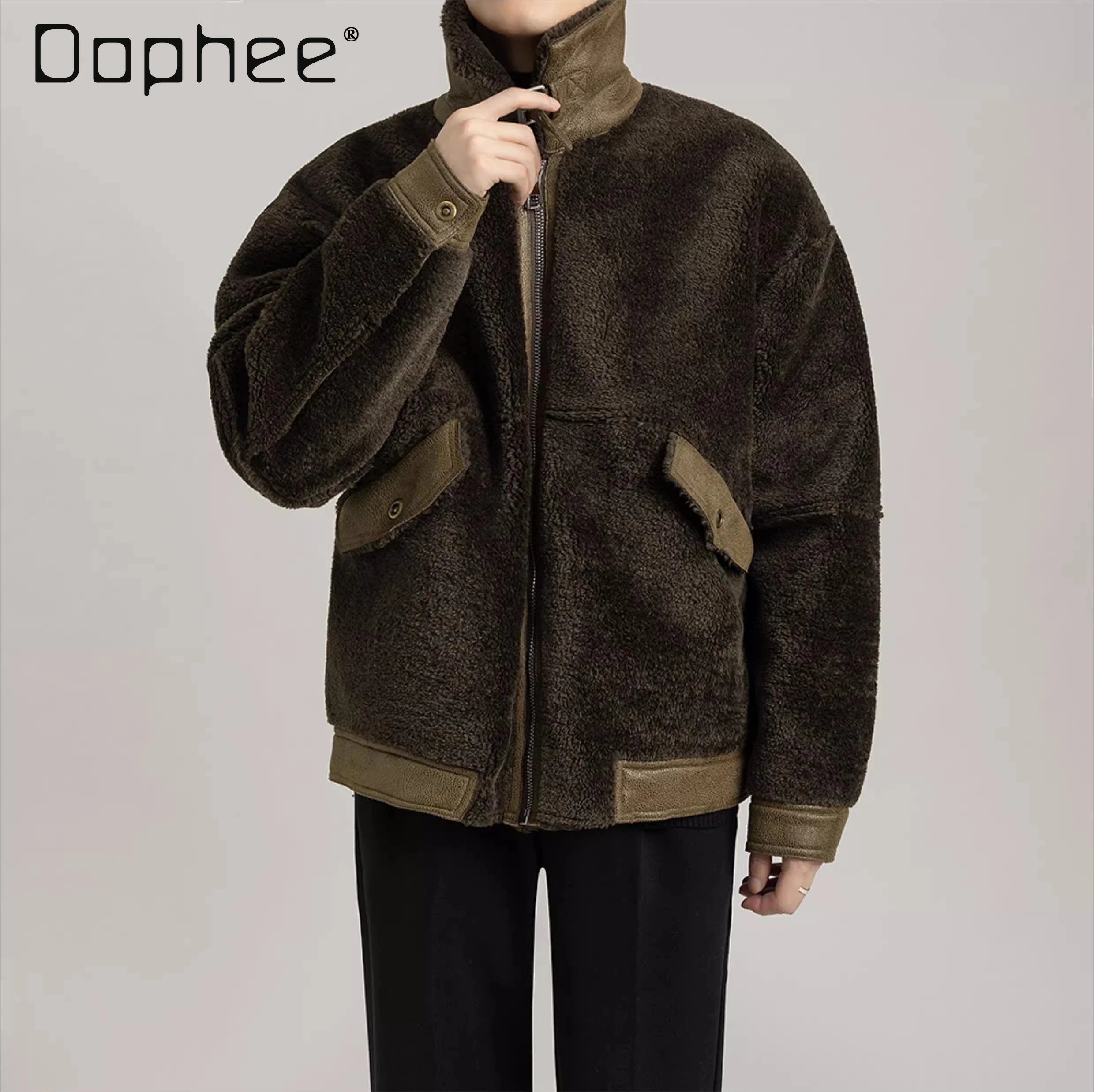 

Winter New Hot Sale Black Loose Casual Turn-Down Collar Lamb Wool Jacket Men Thickened Fleece Slim Fit Short Green Cotton Coat