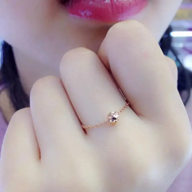 585 Purple Gold Plated 14k Rose Gold Sparkling Round Bead Chain Rings for Women Adjustable Classic Design Simple Charm Jewelry