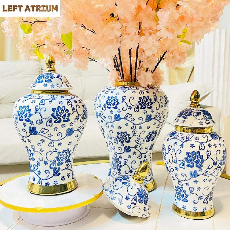 

Blue and White Porcelain General Tank Storage Jar Gold-plated Vase Flower Arrangement Desktop Jewelry Cosmetic Container