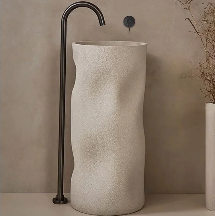 Floor Mounted Man made Stone Sink Free Standing Sandstone Art Basin With Pedestal