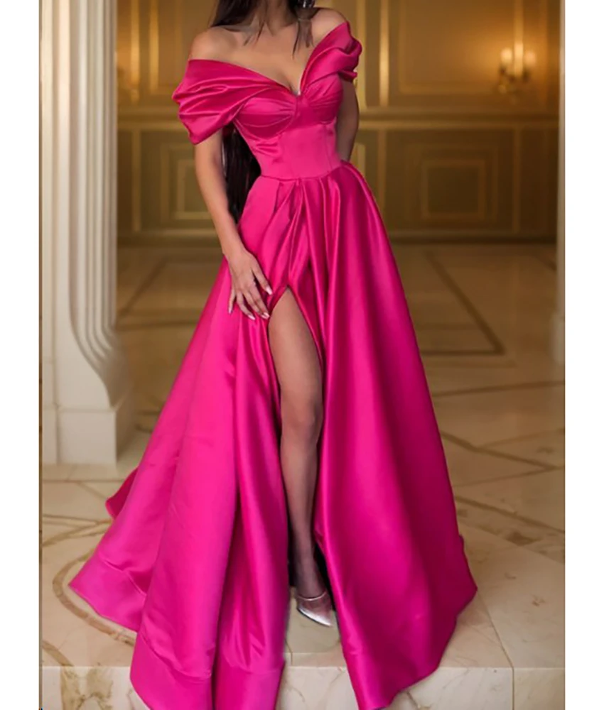 Vestido de noche elegante de satén personalizado, corte en A, hombros descubiertos, temperamento, mangas cortas, cuello en V, largo hasta el suelo, vestidos de celebridades