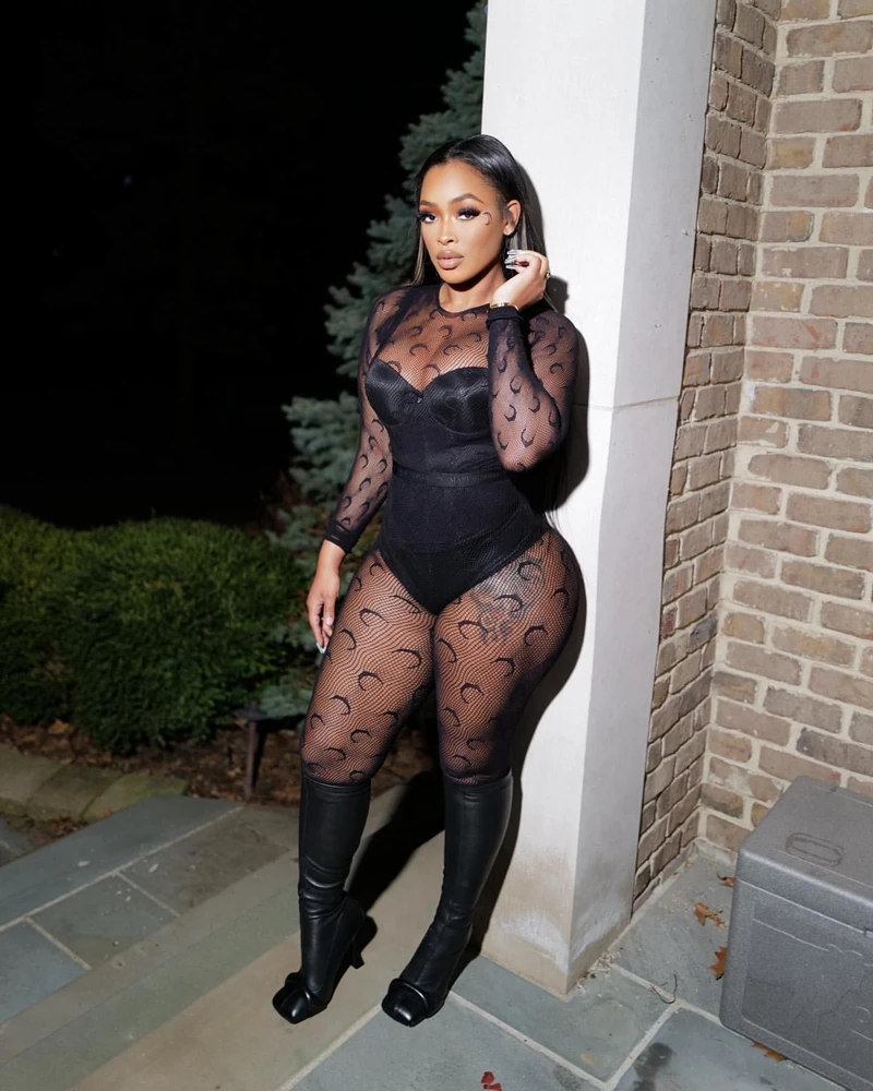 

Stylish Lady Mesh Cut Out Moon Printed Jumpsuits 2025 Autumn Women Long Sleeve O Neck Black Sexy Club Party Lingerie