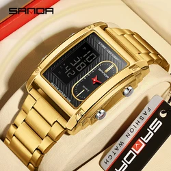 SANDA Top Brand Sports Watches for Men Double Display Quartz Wristwatch Square Gold Stainless Steel LED Digital Electron Clock