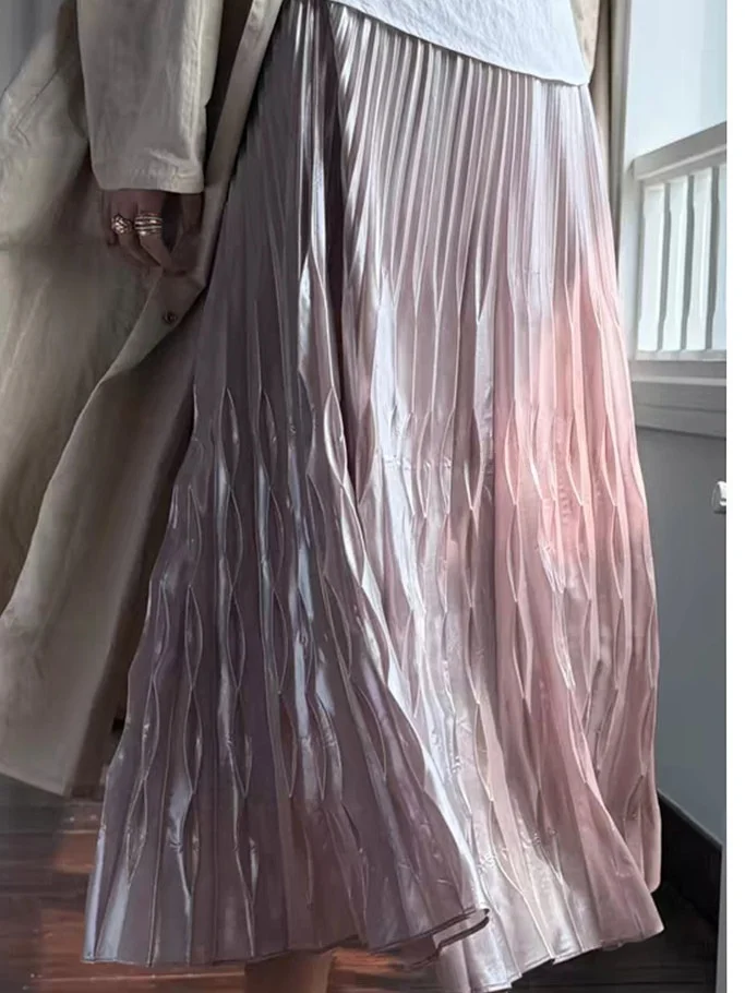

Textured Pleated Midi Skirt for Women Shanghai Style Commute Friendly A-Line Silhouette Polyester Fabric PVC Material