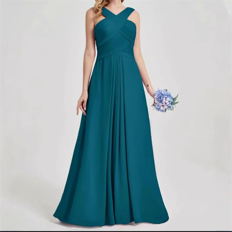 A Line Chiffon Pleat Halter Off Shoulder Bridesmaid Dresses Wedding Party Prom Birthday Evening Cocktail Zipper Back